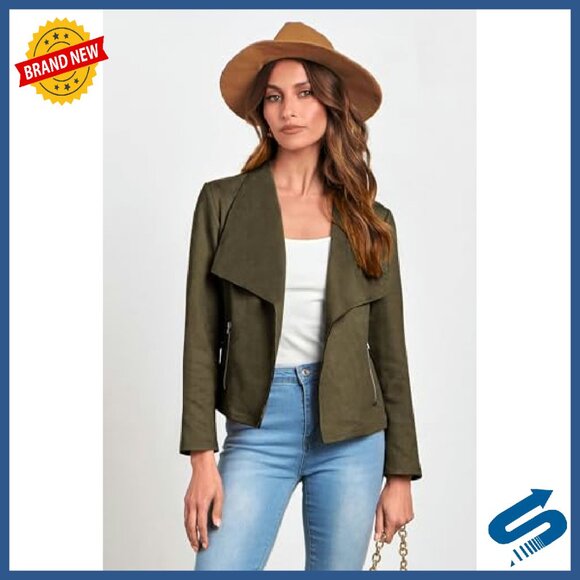 Faux Suede Cropped Jacket Open Front Waterfall Collar Women's Casual Coat - Picture 7 of 8